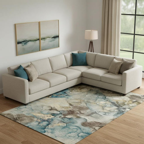 8' X 10' Brown And Teal Abstract Washable Area Rug With UV Protection