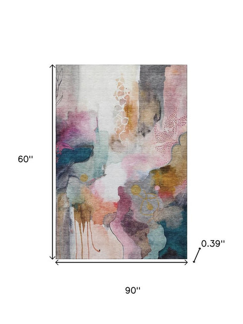 5' X 8' Blush And Ivory Abstract Washable Area Rug With UV Protection
