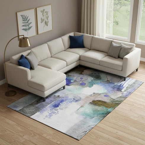 8' X 10' Brown And Teal Abstract Washable Area Rug With UV Protection