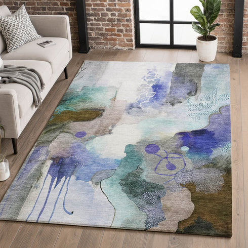 9' X 12' Brown And Teal Abstract Washable Area Rug With UV Protection
