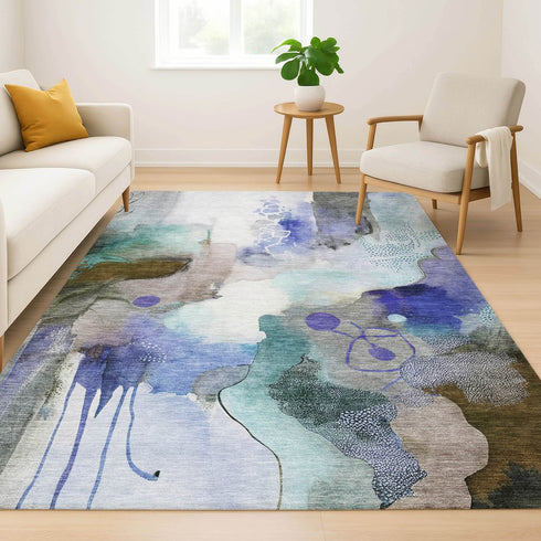 9' X 12' Brown And Teal Abstract Washable Area Rug With UV Protection