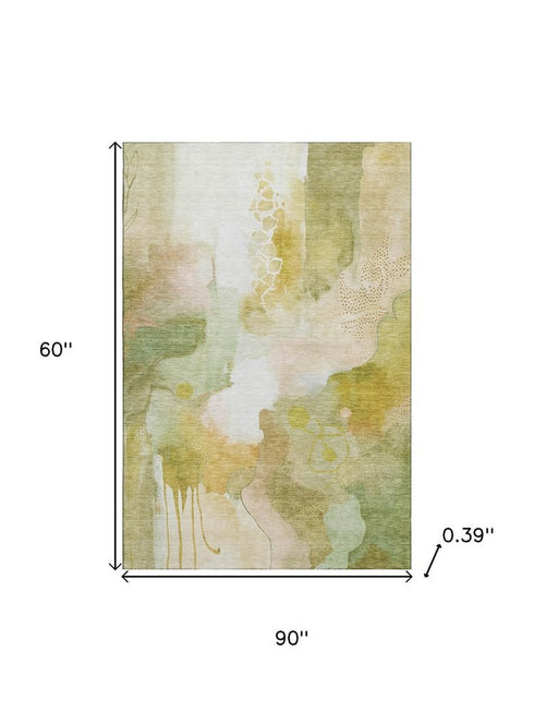5' X 8' Fern Green And Ivory Abstract Washable Area Rug With UV Protection