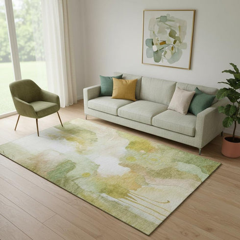 5' X 8' Fern Green And Ivory Abstract Washable Area Rug With UV Protection