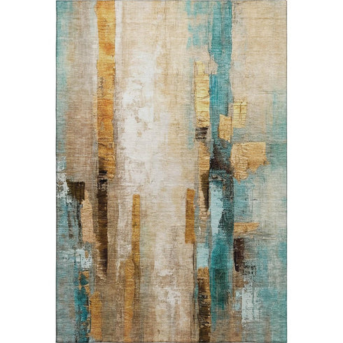 5' X 8' Beige And Teal Abstract Washable Area Rug With UV Protection