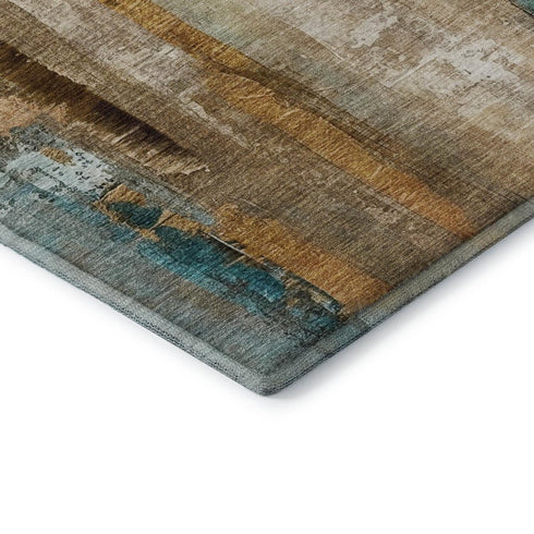 5' X 8' Beige And Teal Abstract Washable Area Rug With UV Protection