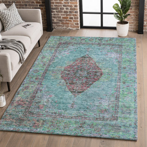 9' X 12' Aqua And Purple Medallion Washable Area Rug With UV Protection
