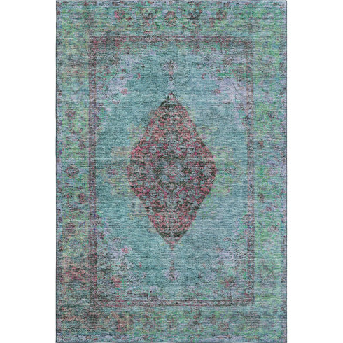 9' X 12' Aqua And Purple Medallion Washable Area Rug With UV Protection