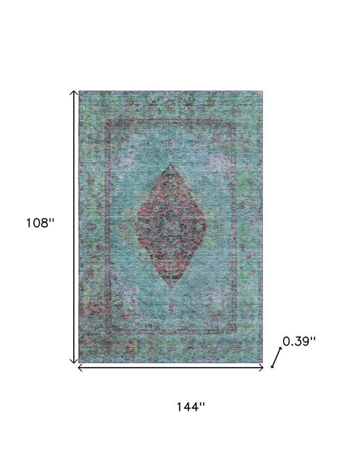 9' X 12' Aqua And Purple Medallion Washable Area Rug With UV Protection