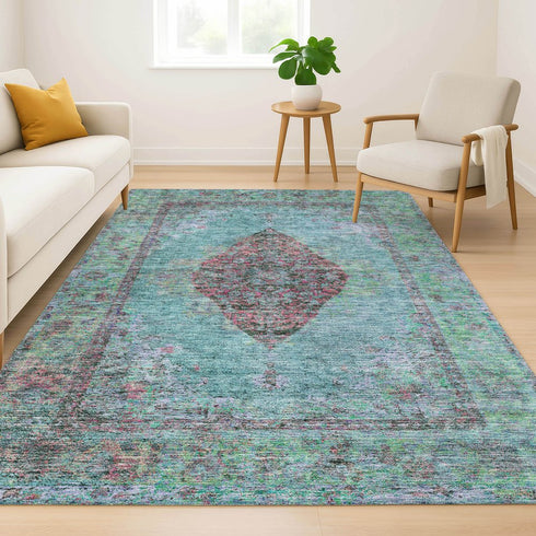 9' X 12' Aqua And Purple Medallion Washable Area Rug With UV Protection