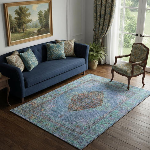 5' X 8' Blue And Rust Medallion Washable Area Rug With UV Protection