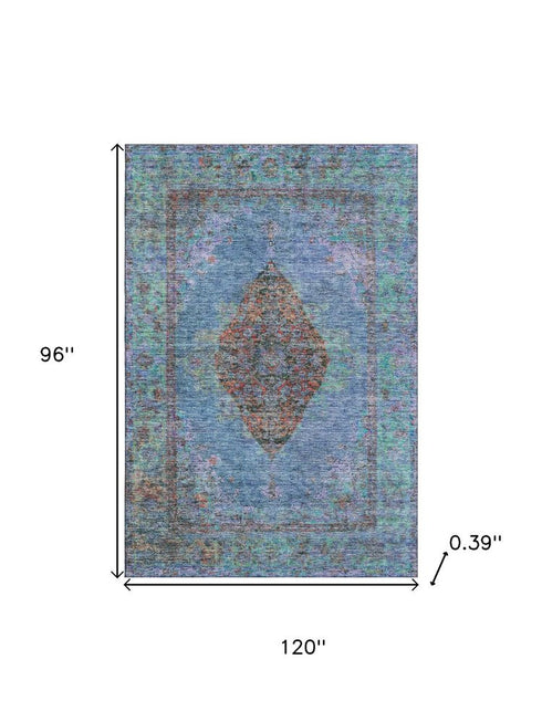 8' X 10' Blue And Rust Medallion Washable Area Rug With UV Protection