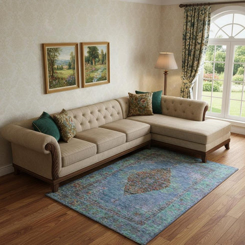 8' X 10' Blue And Rust Medallion Washable Area Rug With UV Protection