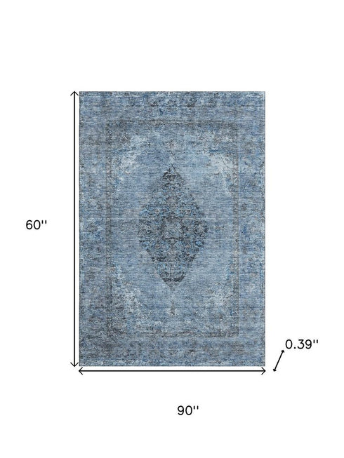 5' X 8' Denim Blue And Gray Medallion Washable Area Rug With UV Protection