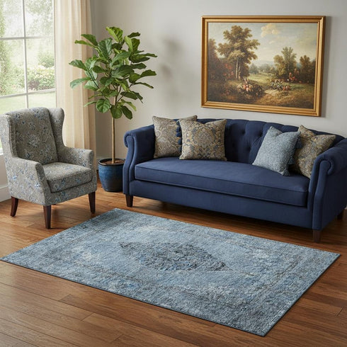5' X 8' Denim Blue And Gray Medallion Washable Area Rug With UV Protection
