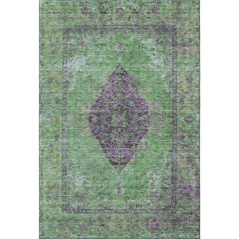 5' X 8' Lime Green And Purple Medallion Washable Area Rug With UV Protection