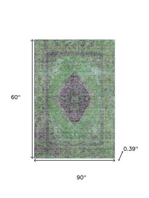5' X 8' Lime Green And Purple Medallion Washable Area Rug With UV Protection