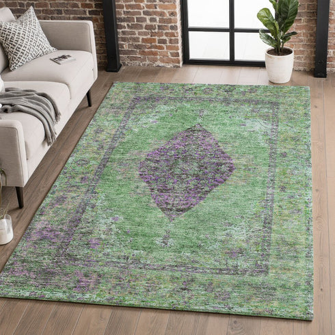 8' X 10' Lime Green And Purple Medallion Washable Area Rug With UV Protection