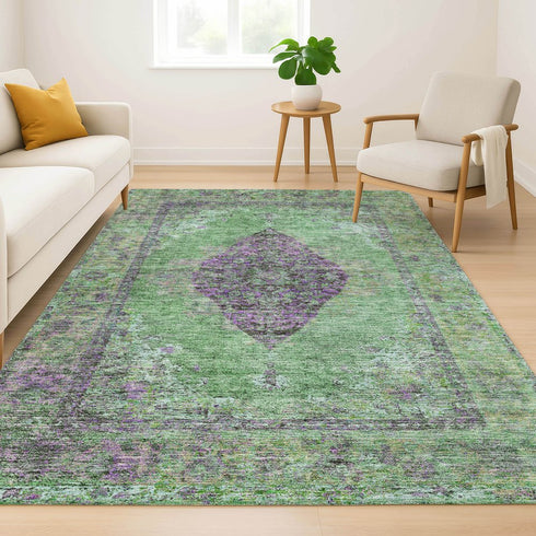 8' X 10' Lime Green And Purple Medallion Washable Area Rug With UV Protection