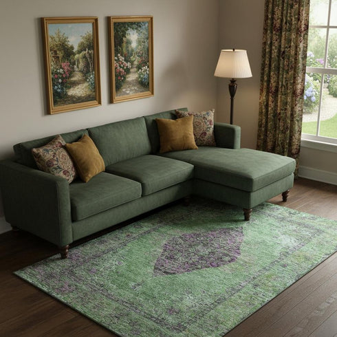 8' X 10' Lime Green And Purple Medallion Washable Area Rug With UV Protection