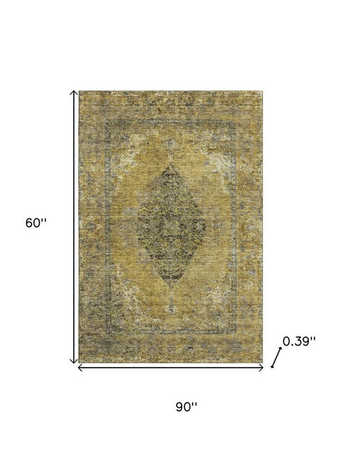 5' X 8' Wheat And Gray Medallion Washable Area Rug With UV Protection