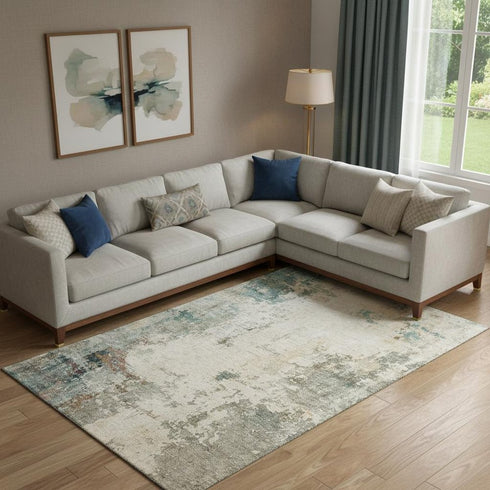 8' X 10' Ivory And Teal Abstract Washable Area Rug With UV Protection