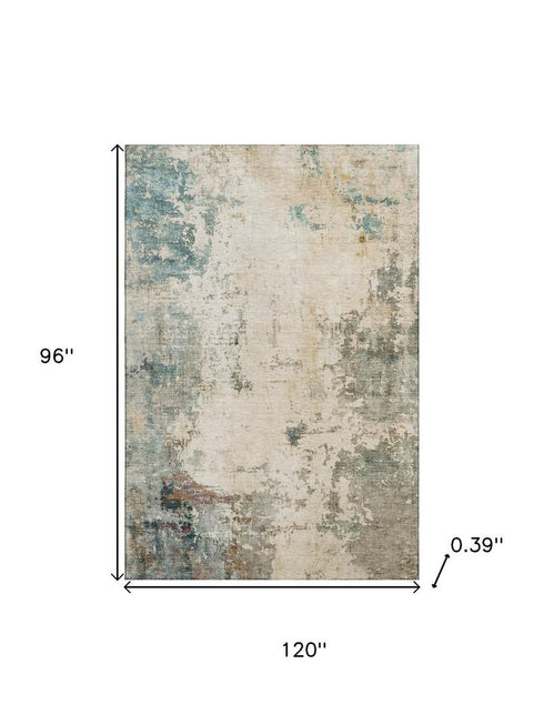 8' X 10' Ivory And Teal Abstract Washable Area Rug With UV Protection