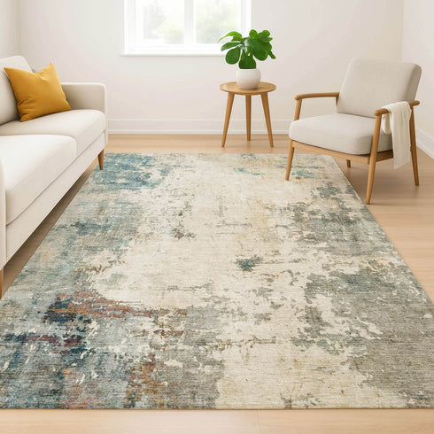 8' X 10' Ivory And Teal Abstract Washable Area Rug With UV Protection