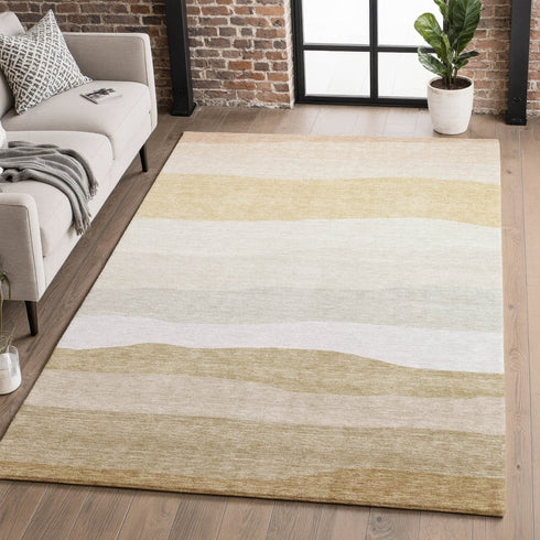 8' X 10' Wheat And Ivory Striped Washable Area Rug With UV Protection