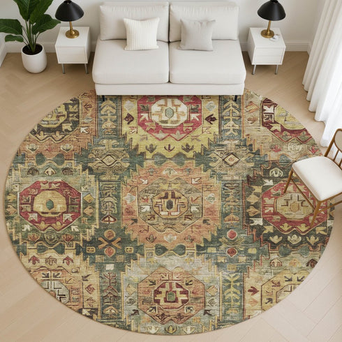 8' Sage And Copper Medallion Washable Round Rug With UV Protection