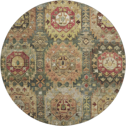 8' Sage And Copper Medallion Washable Round Rug With UV Protection