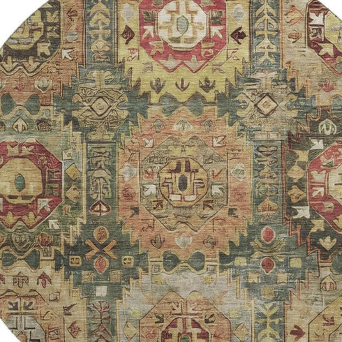 8' Sage And Copper Medallion Washable Round Rug With UV Protection