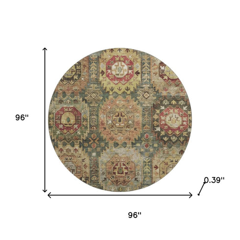 8' Sage And Copper Medallion Washable Round Rug With UV Protection