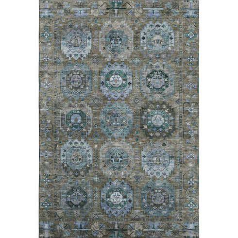 5' X 8' Brown And Blue Medallion Washable Area Rug With UV Protection