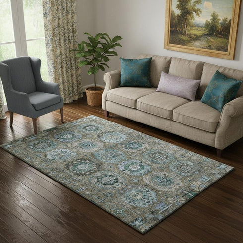 5' X 8' Brown And Blue Medallion Washable Area Rug With UV Protection