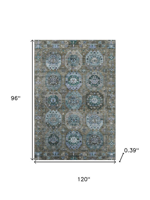 8' X 10' Brown And Blue Medallion Washable Area Rug With UV Protection