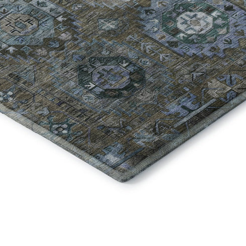 8' X 10' Brown And Blue Medallion Washable Area Rug With UV Protection