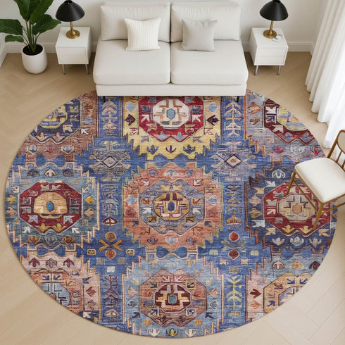 8' Denim Blue And Merlot Medallion Washable Round Rug With UV Protection