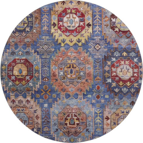 8' Denim Blue And Merlot Medallion Washable Round Rug With UV Protection