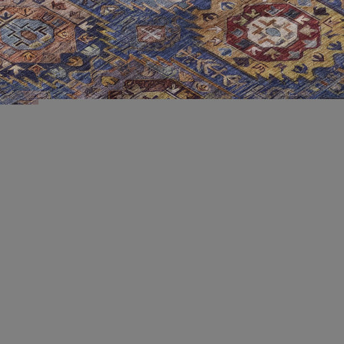 8' Denim Blue And Merlot Medallion Washable Round Rug With UV Protection