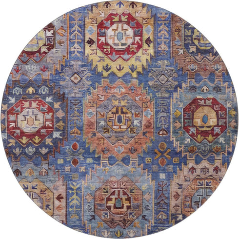 8' Denim Blue And Merlot Medallion Washable Round Rug With UV Protection