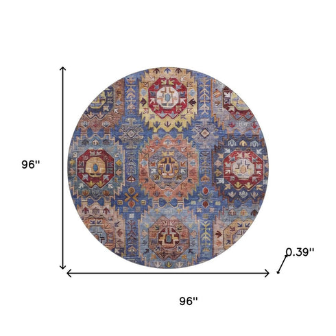 8' Denim Blue And Merlot Medallion Washable Round Rug With UV Protection