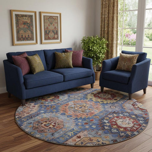8' Denim Blue And Merlot Medallion Washable Round Rug With UV Protection