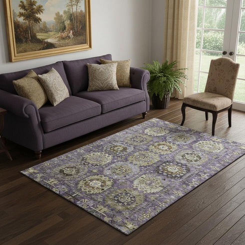 5' X 8' Eggplant And Green Medallion Washable Area Rug With UV Protection