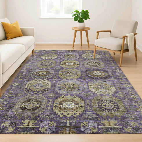 8' X 10' Eggplant And Green Medallion Washable Area Rug With UV Protection