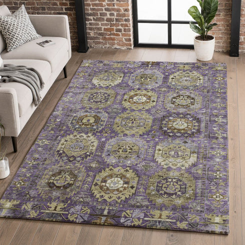 9' X 12' Eggplant And Green Medallion Washable Area Rug With UV Protection