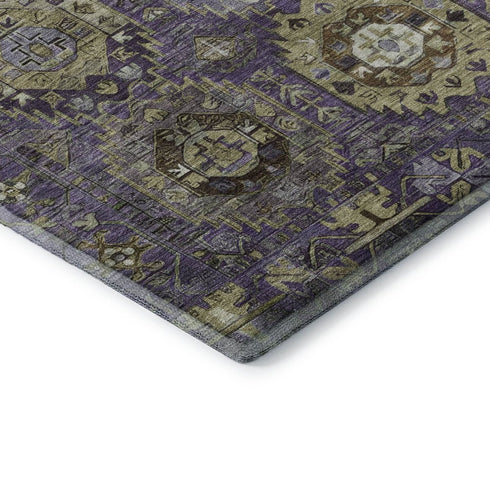 9' X 12' Eggplant And Green Medallion Washable Area Rug With UV Protection