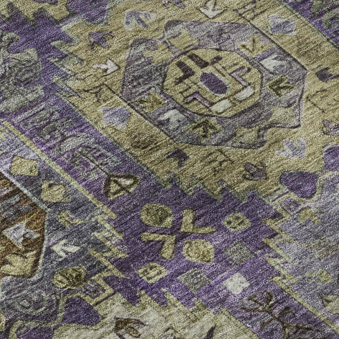 9' X 12' Eggplant And Green Medallion Washable Area Rug With UV Protection