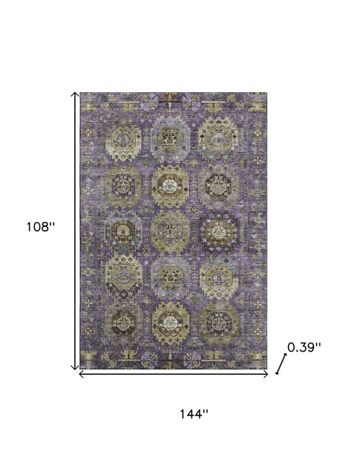 9' X 12' Eggplant And Green Medallion Washable Area Rug With UV Protection
