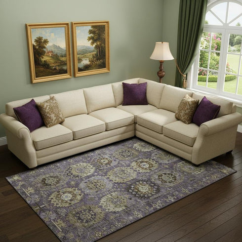 9' X 12' Eggplant And Green Medallion Washable Area Rug With UV Protection