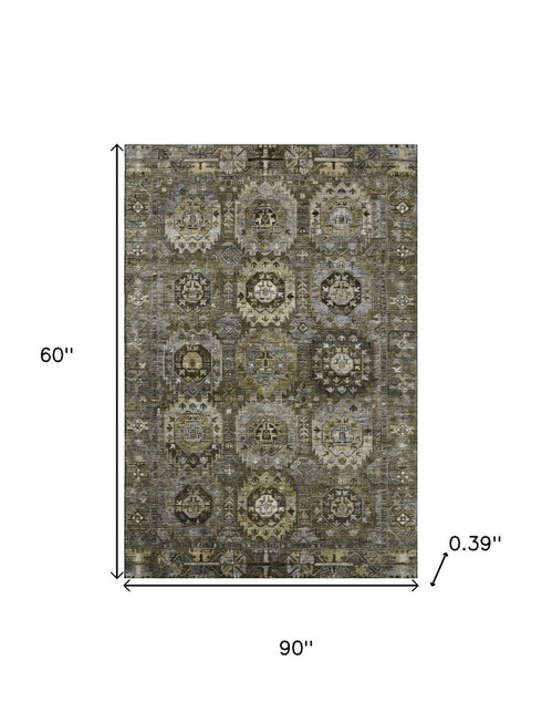 5' X 8' Coffee And Charcoal Medallion Washable Area Rug With UV Protection